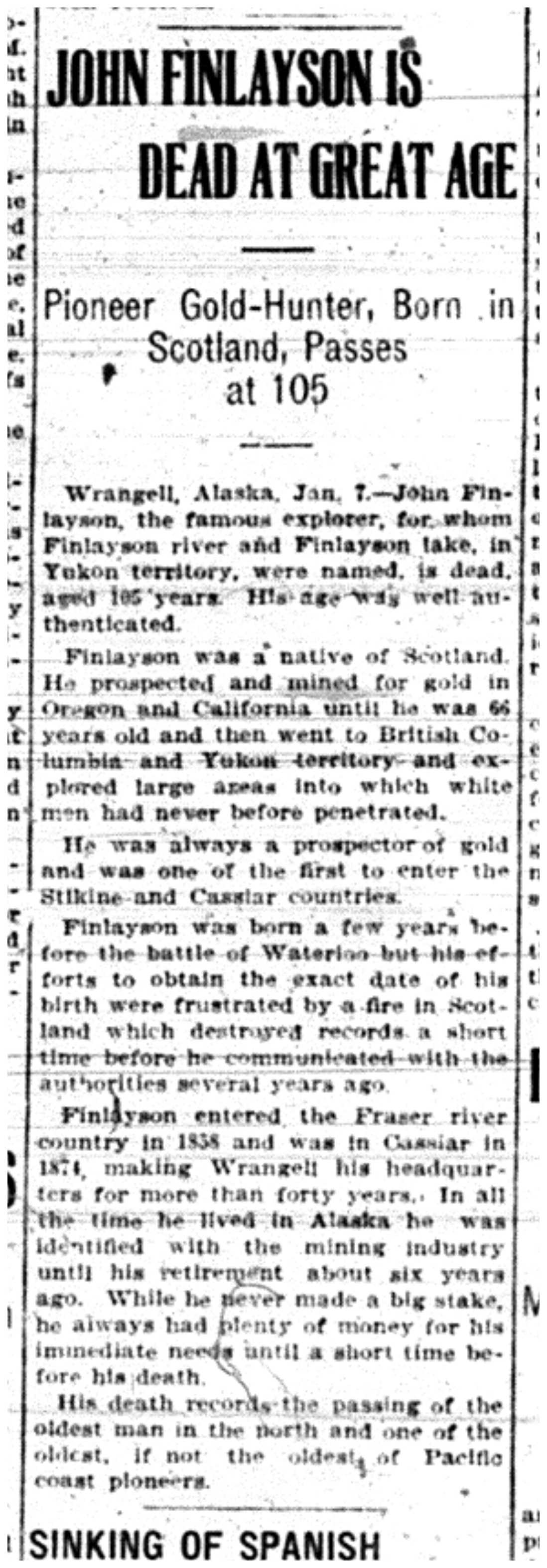 "John Finlayson is Dead at Great Age"