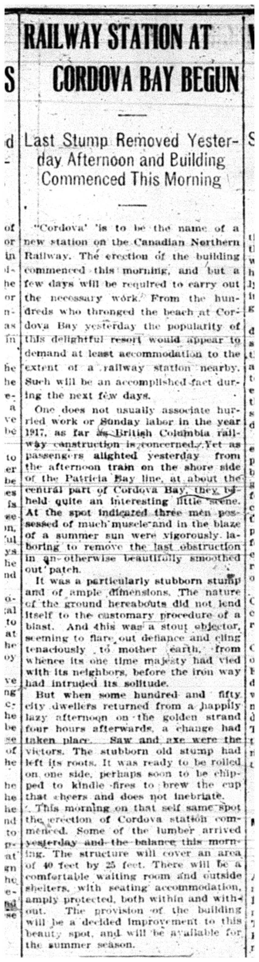"Railway Station at Cordova Bay Begun"