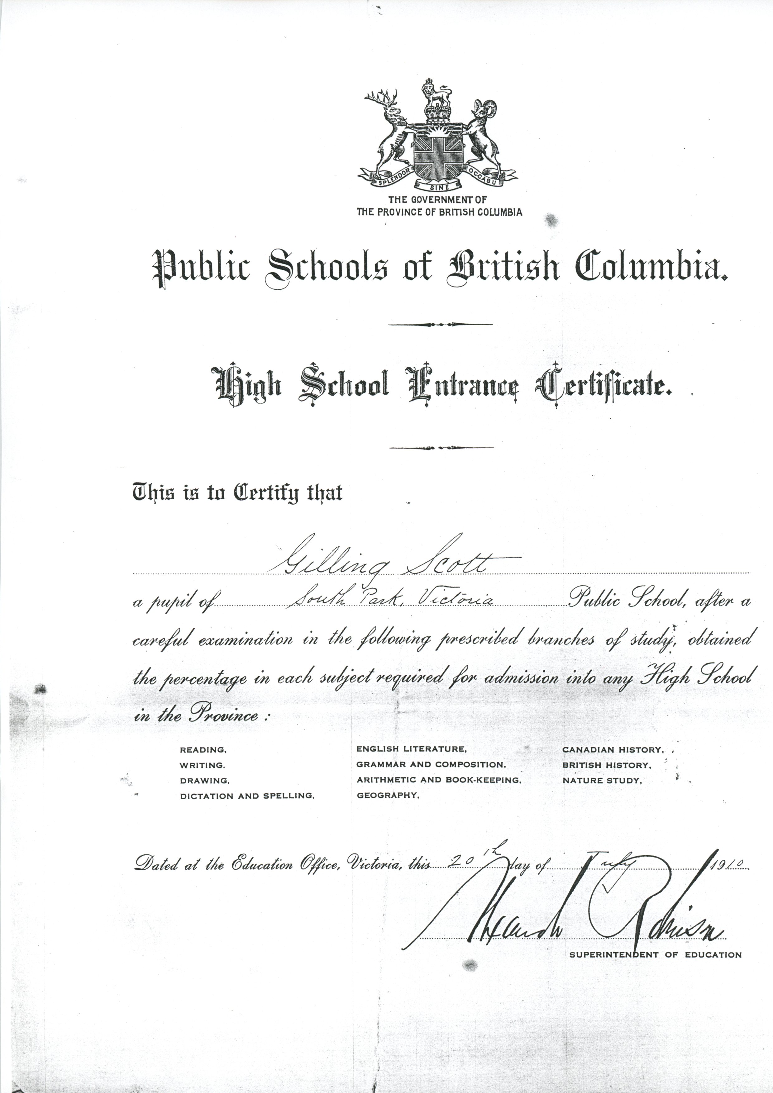High School Entrance Certificate
