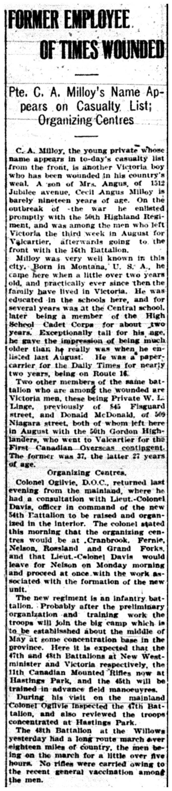 Pte Milloy Wounded; Times Worker