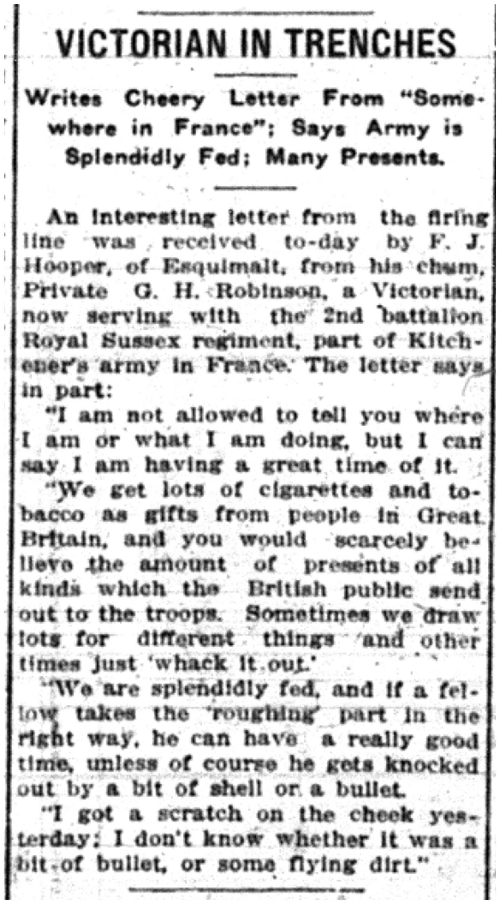 Victorian in Trenches Writes Letter Home
