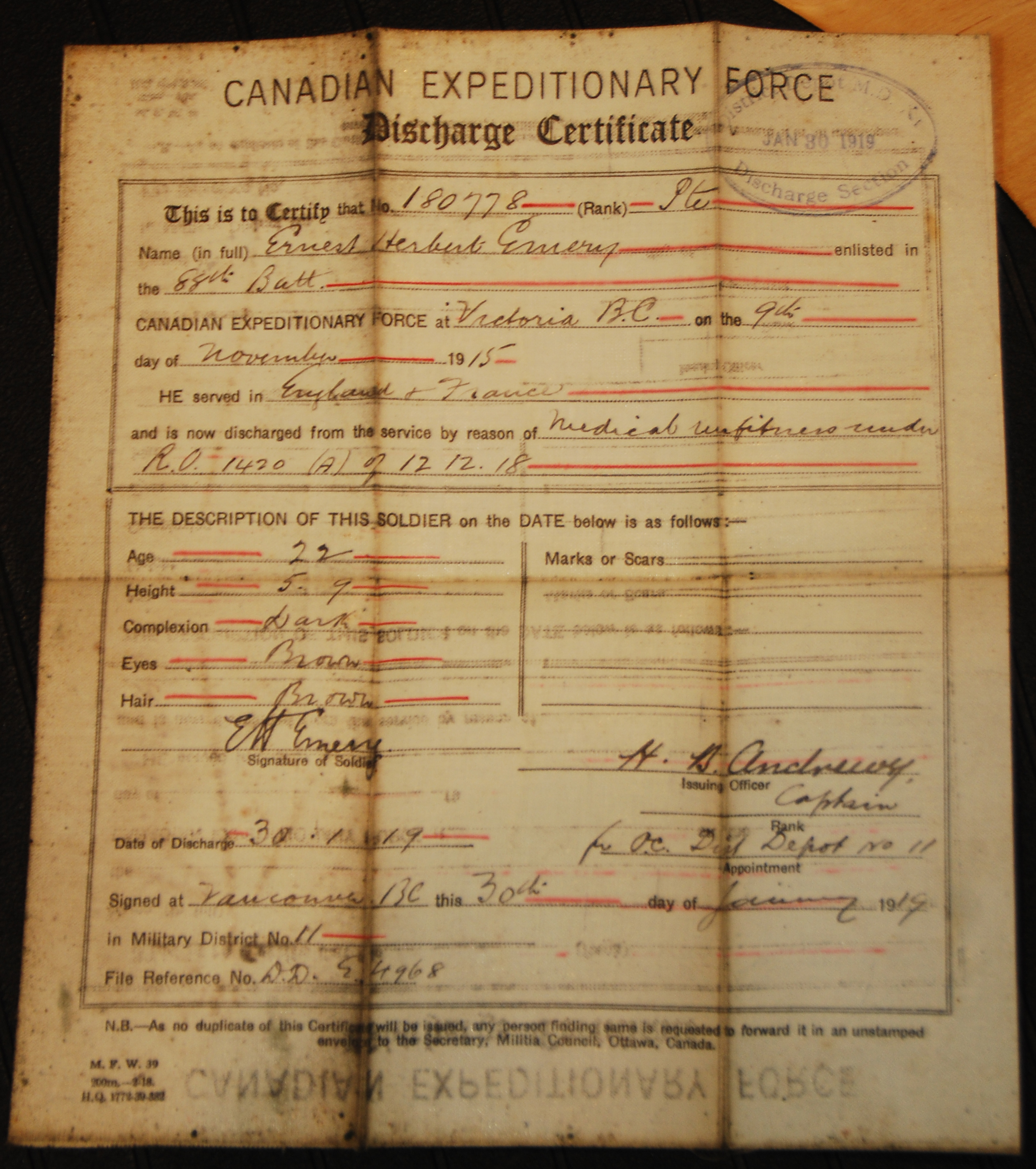 Emery Discharge Certificate