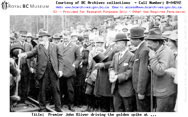 Premier John Oliver Driving The Golden Spike At The Colwood Crossing of the E & N Railway