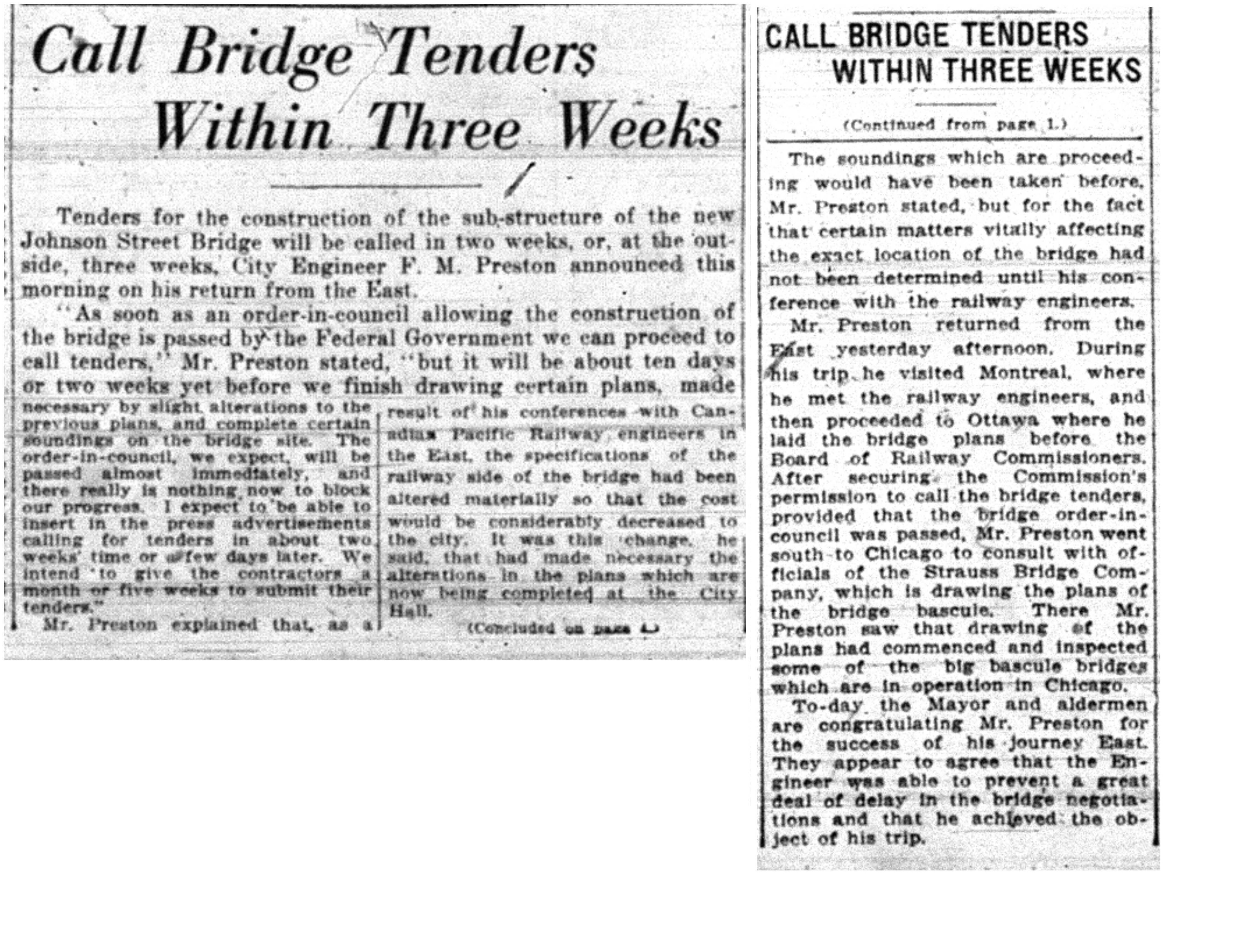 "Call Bridge Tenders Within Three Weeks"