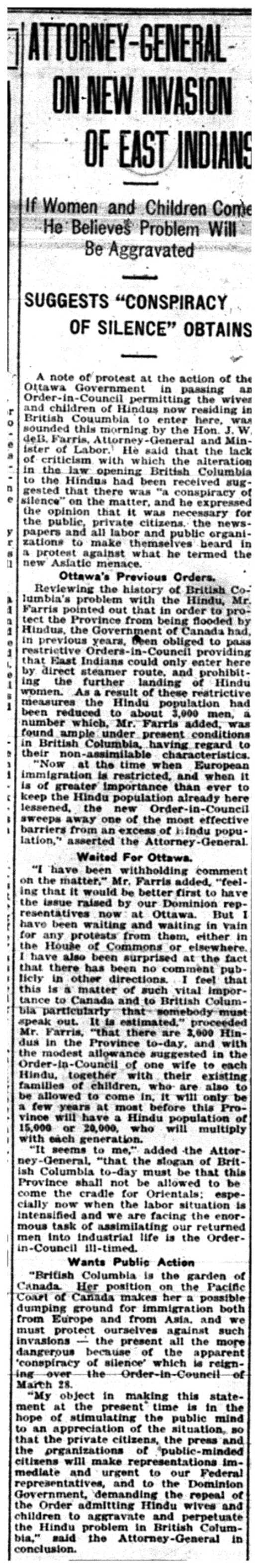 "Attorney-General On New Invasion of East Indians"