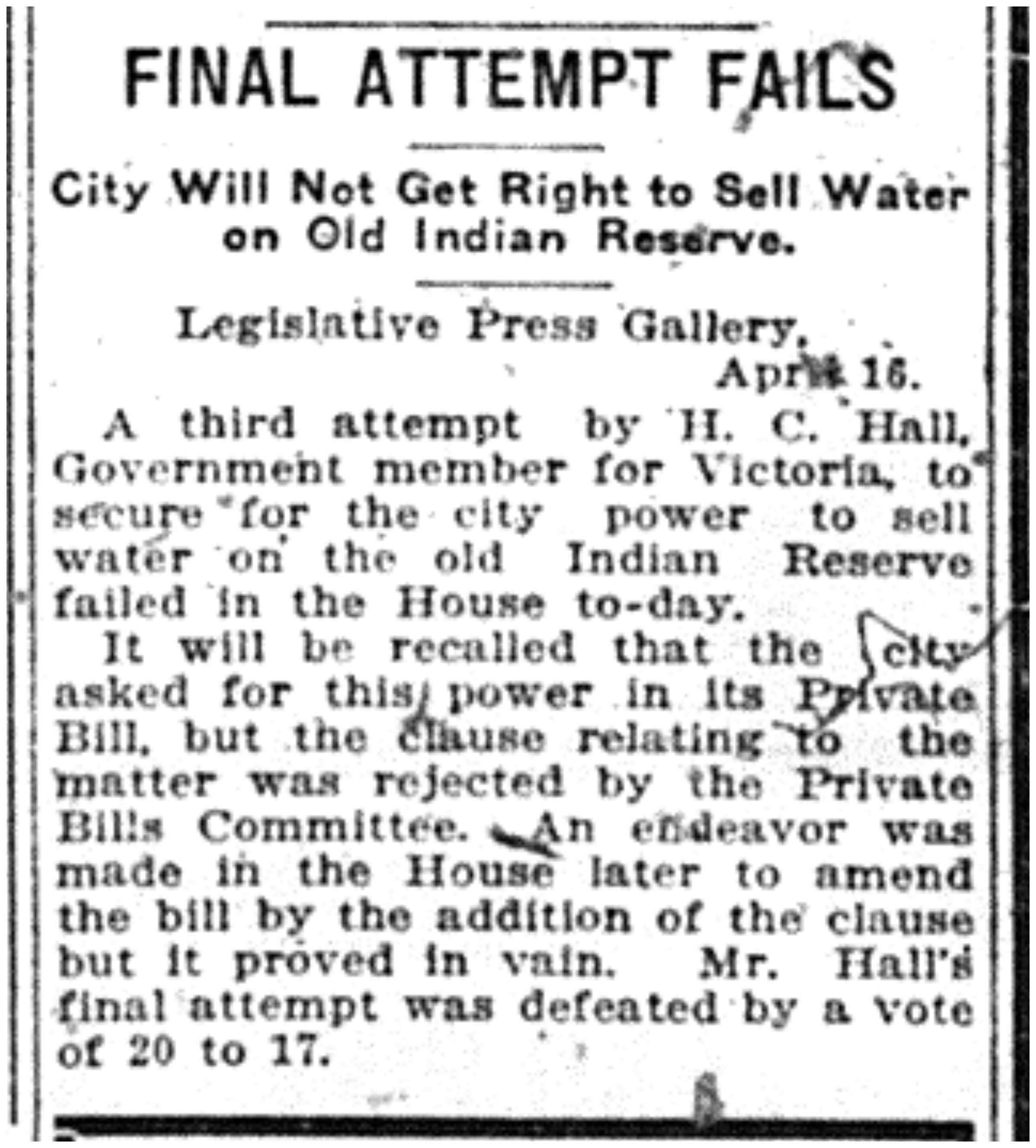 "Final Attempt Fails: City Will Not Get Right to Sell Water On Old Indian Reserve"