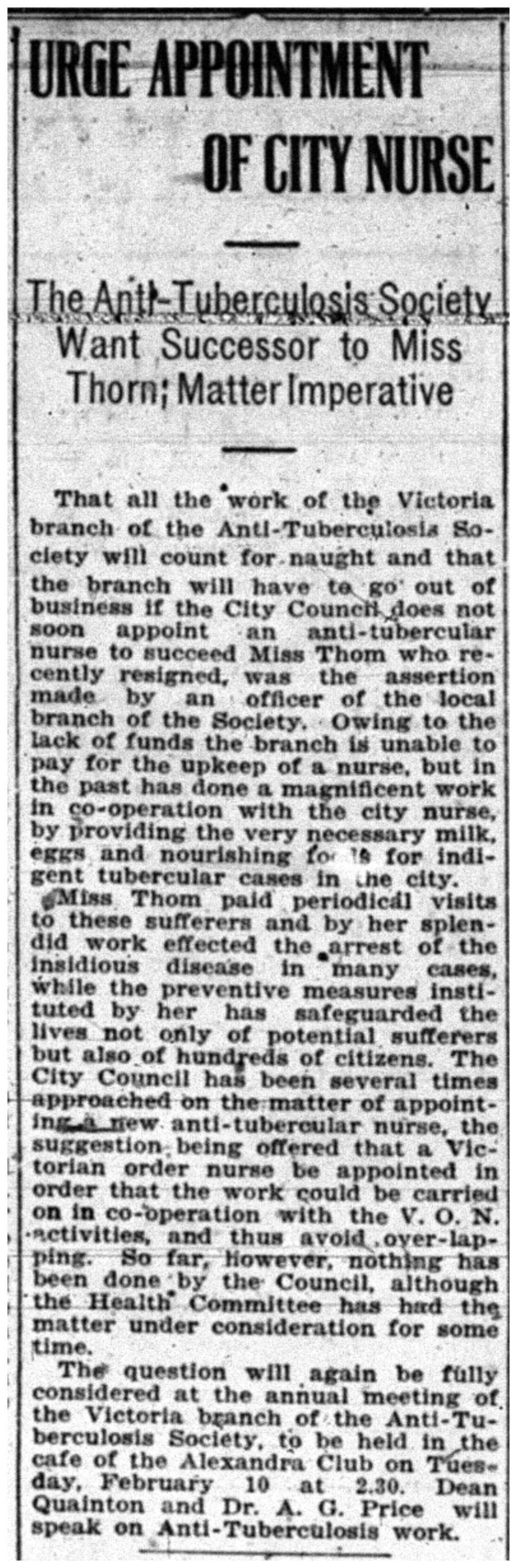 "Urge Appointment of City Nurse"