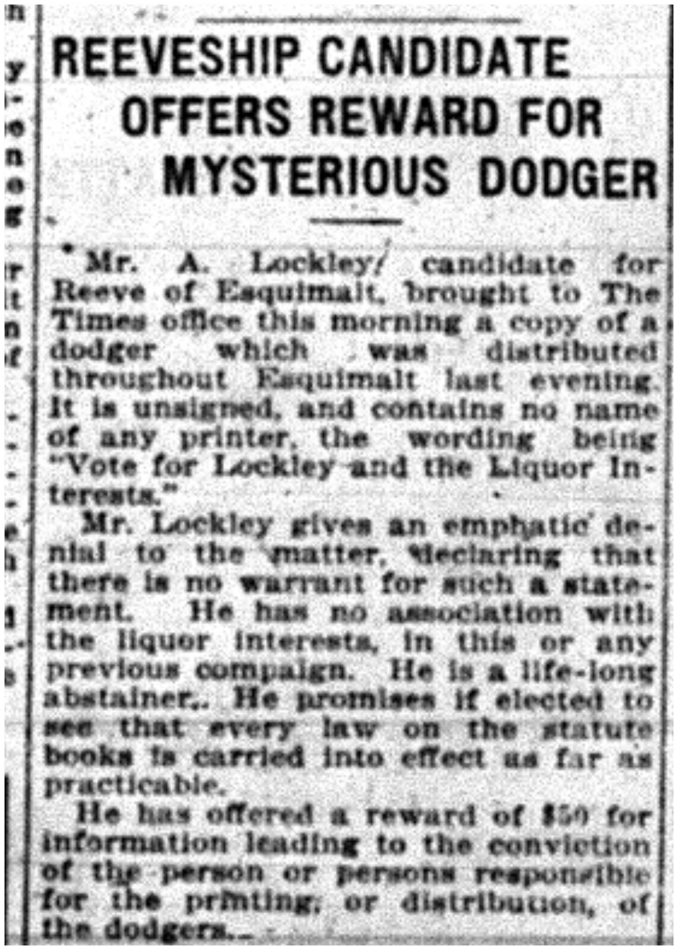 "Reeveship Candidate Offers Reward for Mysterious Dodger"