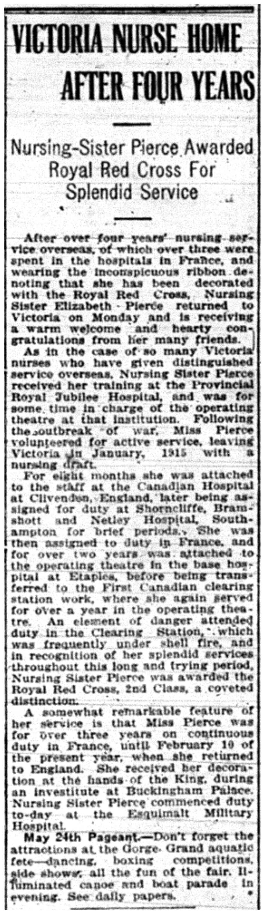 "Victoria Nurse Home After Four Years"