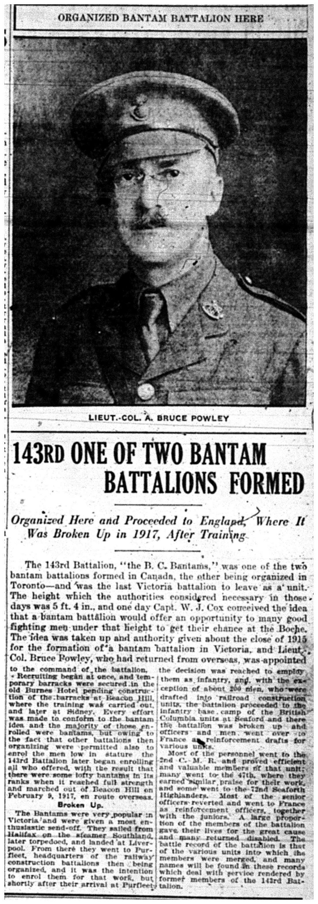 "143rd One of Two Bantam Battalions Formed"