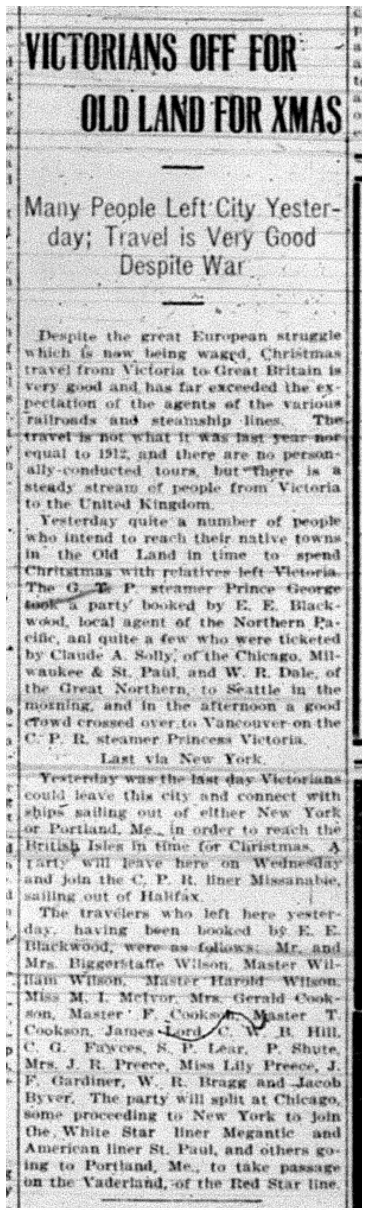"Victorians Off for Old Land for Xmas"