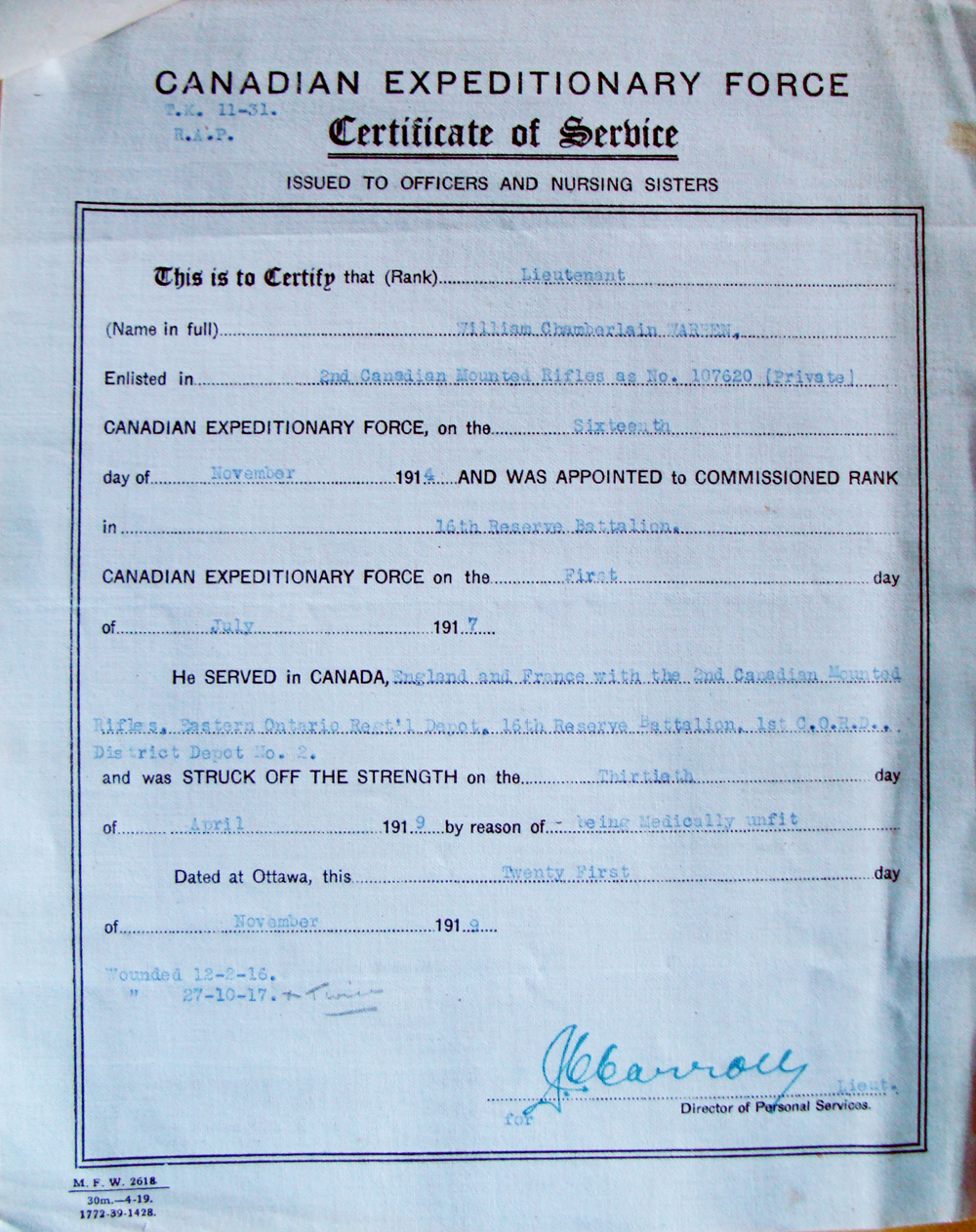 Lieutenant W.C. Warren’s Certificate of Service