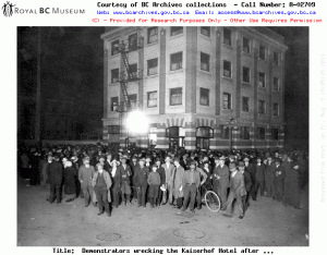 Spectators during the Anti-German Riot, 08 May 1915. Permission to use this image must be obtained from the BC Archives. Image Courtesy of Royal BC Museum, BC Archives - Call Number: A-02709 See BC Archives 
