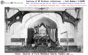 Interior of the First Methodist Church, Pandora and Broad, Victoria; decorated for the visit of Frances E. Willard, leader of the Women's Christian Temperance Union. Source: Image Courtesy of Royal BC Museum, BC Archives - Call Number: C-06485. See BC Archives Date: 1883